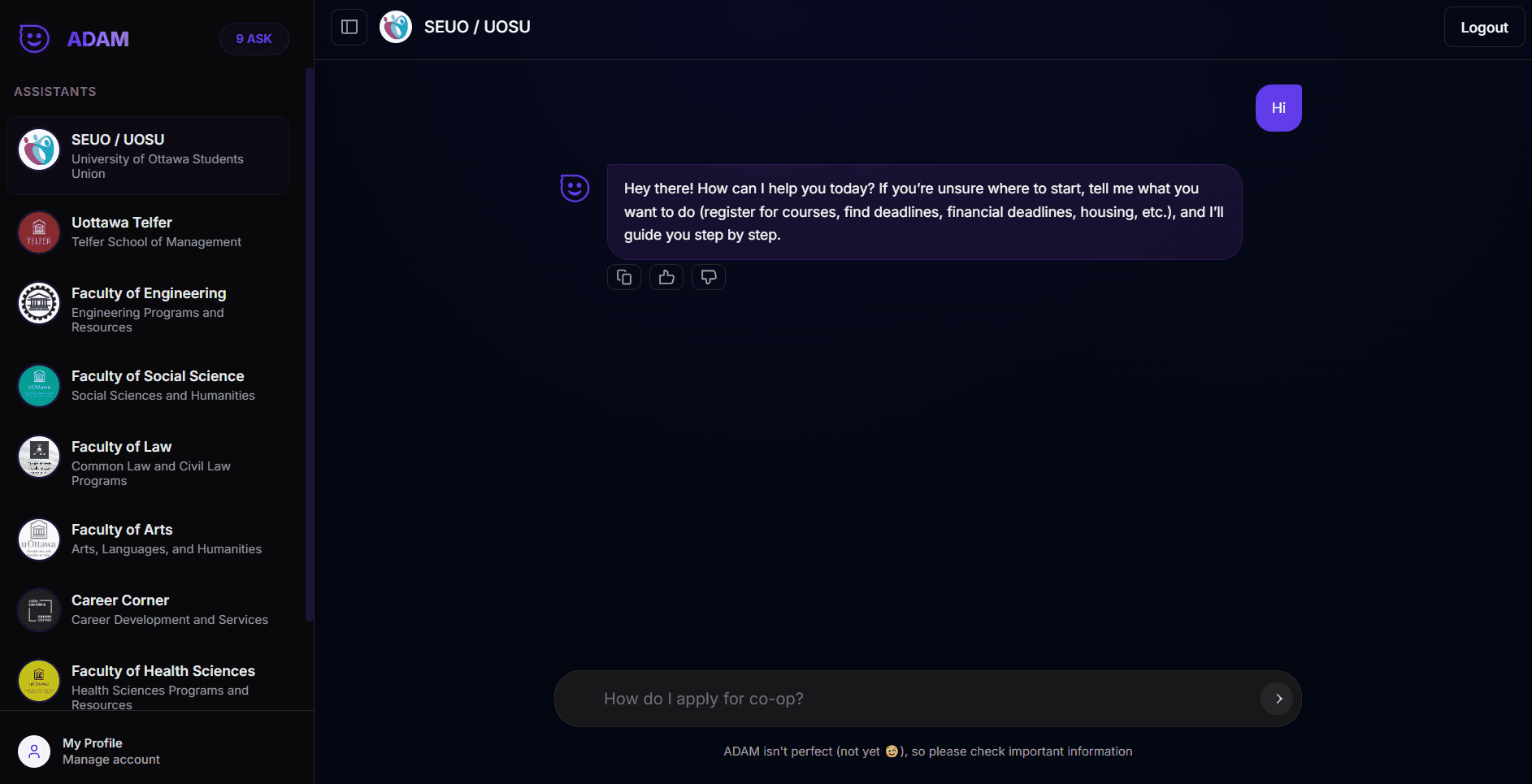 Start chatting with ADAM