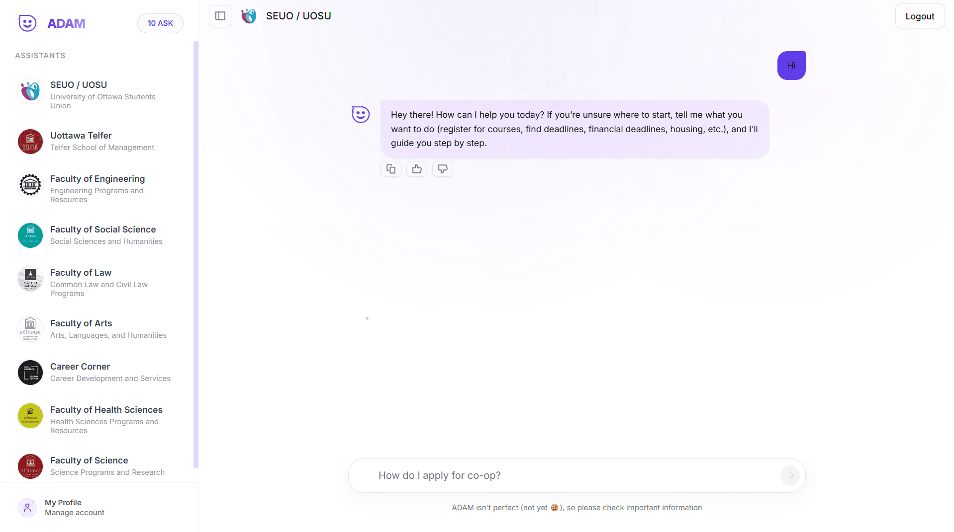 Start chatting with ADAM